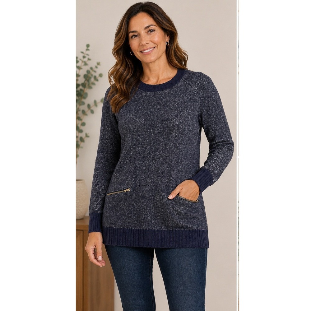 Croft & Barrow Sweater Womens Small Blue Marled Knit Zipper Pockets High-Low Hem